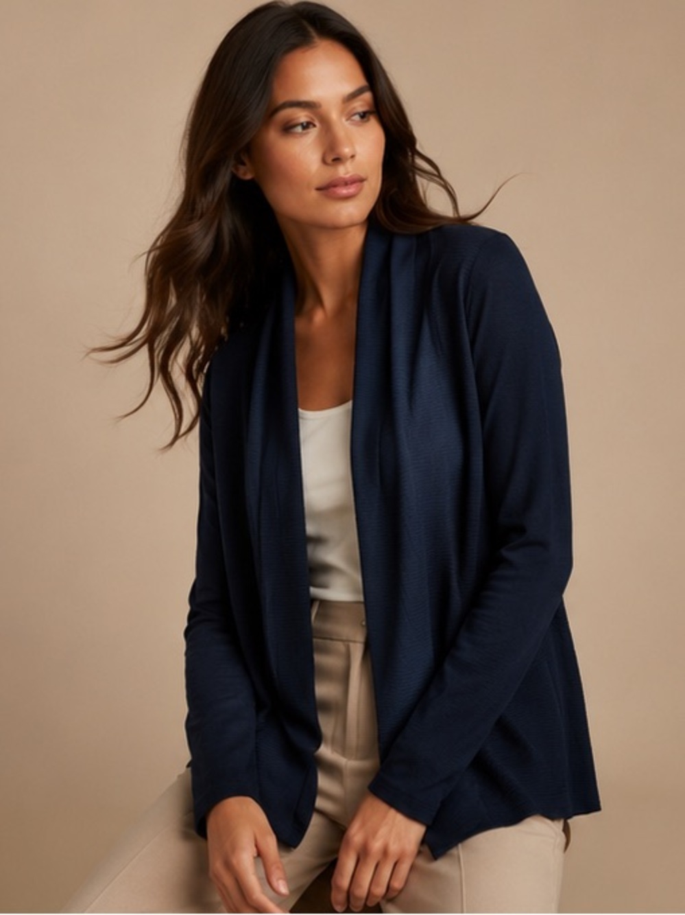 Christina Navy Ribbed Open Front Cardigan Sweater Women's Large